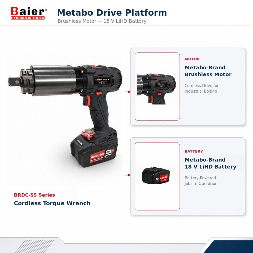 Llave dinamom&eacute;trica inal&aacute;mbrica BRDC-SS4000 con motor brushless marca Metabo y bater&iacute;a LiHD de 18 V marca Metabo